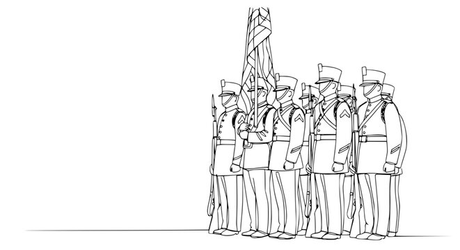 Military Color Guard Marching with Flag in Line Drawing Style