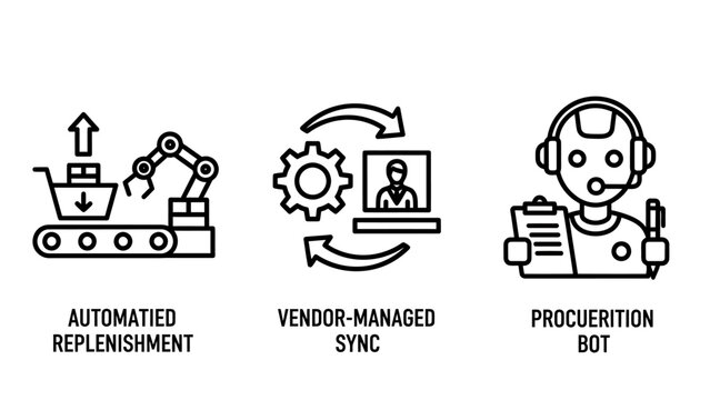 Industrial automation and supply chain management icons for procurement and vendor synchronization with automation procurement logistics robotics management synchronization industry inventory