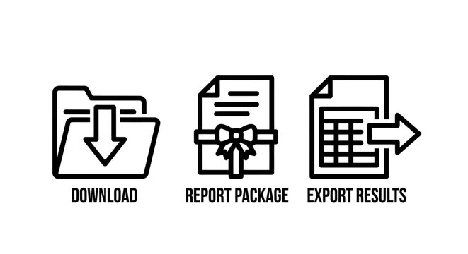 Digital data management icons for file download report package and export results with download document business management information transfer software interface processing analytics