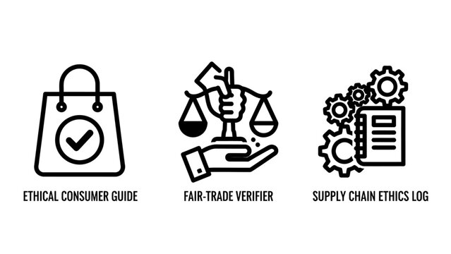 Set of ethical business icons representing consumer guide fair trade verifier and supply chain ethics log with consumer verifier business sustainability corporate responsibility transparency