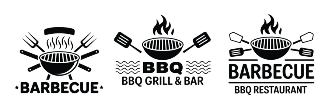 BBQ Logo Set featuring barbecue grill icons, fire flame elements, meat restaurant labels, vector illustration graphics, editable branding design assets for food business identity