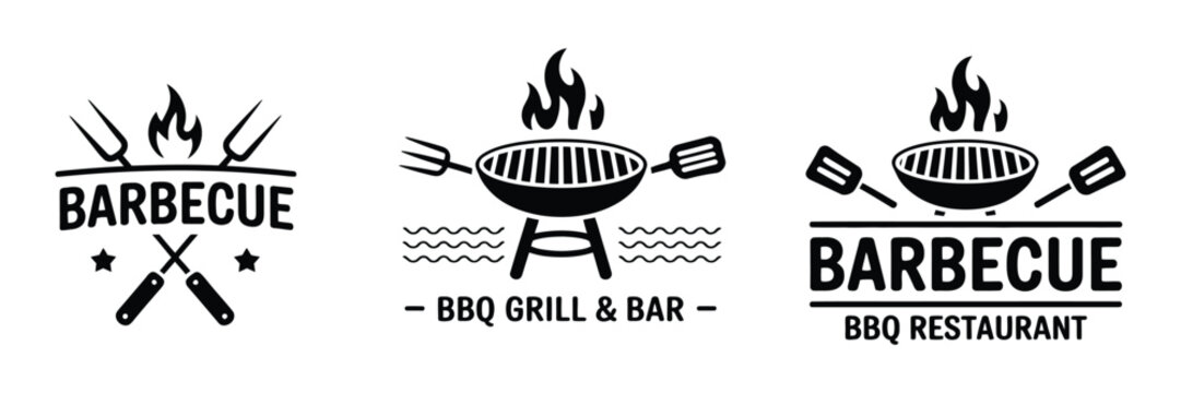BBQ Logo Set with barbecue grill symbols, fire flame graphics, meat restaurant labels, vector illustration elements, branding design resources for food service and catering businesses