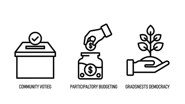 Set of social and environmental icons featuring community voting financial budgeting sustainable growth community sustainability election investment environment seedling participation progress