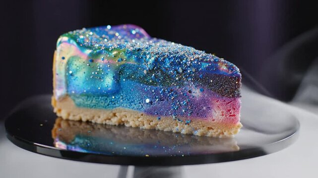 A slice of gourmet galaxy cheesecake featuring iridescent holographic mirror glaze, blue and purple nebula patterns, and edible silver glitter on a black reflective cake stand.