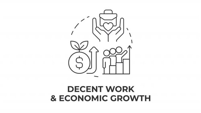 Decent work and economic growth line concept icon animation. Sustainable economic development. Modern workforce growth. Animated outline round motion graphic. Minimal HD video with alpha channel