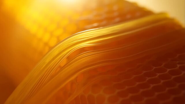 Honeycomb Extraction Scene with Golden Light and Intricate Details Featuring Macro, Close-Up, Texture with Natural and Organic Elements for Bees