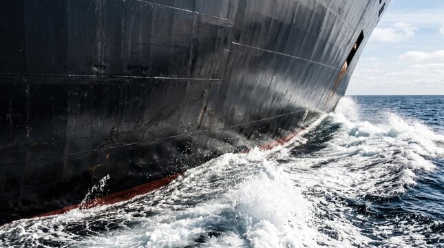 Cargo ship hull cutting through ocean water with bow wave. Large vessel navigating deep sea. Logistics, international freight transportation and maritime industry commerce trade concept.