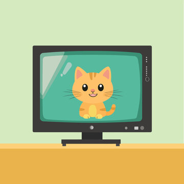 Cute cartoon kitten displayed on a television screen with pastel background