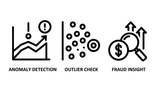 Data analytics anomaly detection outlier check and fraud insight icons set with detection analysis business security magnifying financial monitoring investigation protection intelligence