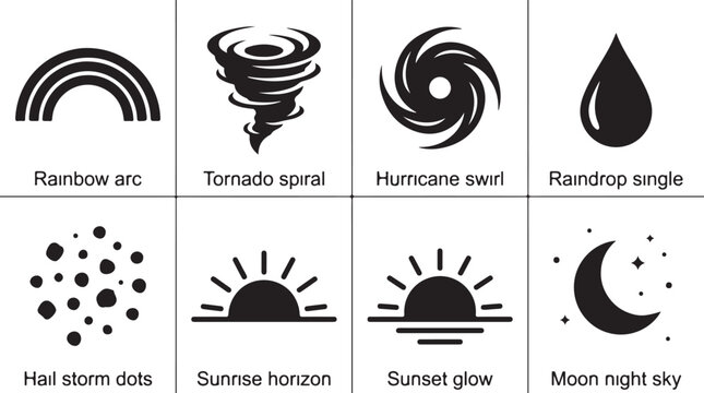 Weather icons, storm symbols, rainbow arc, sun and moon signs, vector weather graphics