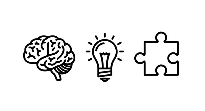 Creative problem solving icons featuring human brain light bulb puzzle piece lightbulb creativity thinking solution innovation intelligence strategy knowledge cognitive inspiration analysis