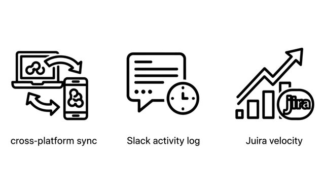 Digital productivity and workflow management icons with cross platform productivity workflow management velocity business software technology analysis performance tracking communication