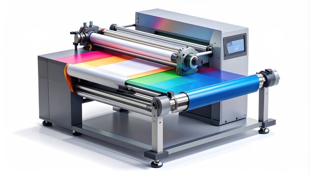 Industrial printing machine with rainbow color pattern on paper roll