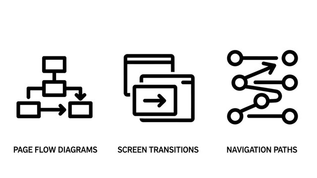 Set of UI UX development and software architecture line icons for page flow diagrams screen transitions navigation paths with transition navigation development architecture software planning