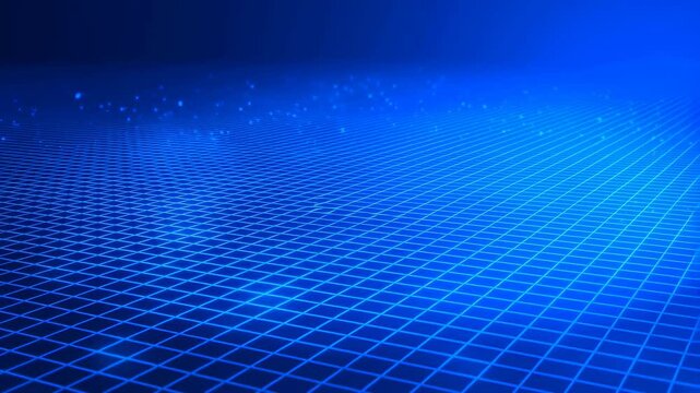 Abstract blue grid background with glowing particles. Represents digital technology, data visualization, and modern design aesthetics