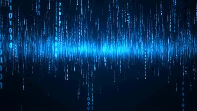 Abstract digital data stream with binary code flowing in a futuristic blue environment. Represents technology, data processing, and information transfer