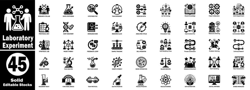 Laboratory experiment solid icons. Collection for scientific research data synthesis, team collaboration, and lab management.