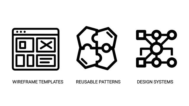 Set of UI UX design development icons for wireframe templates and design systems with wireframe template reusable development interface structure component prototyping software architecture