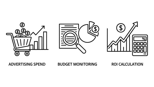Financial business performance icons for advertising spend and roi calculation with business advertising monitoring calculation calculator analysis investment accounting statistics strategy