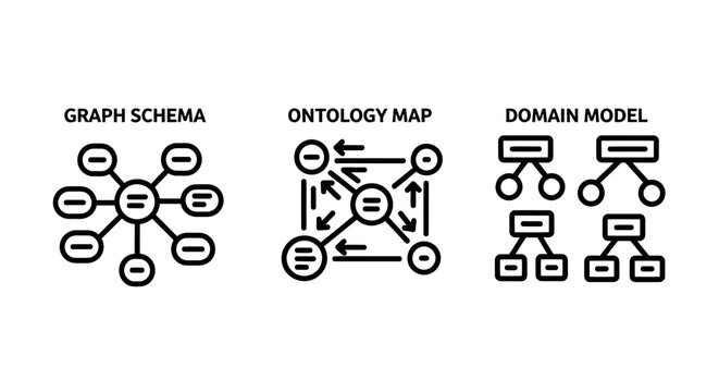 Set of data modeling and structural diagrams including graph schema ontology map domain model icon set ontology structure information organization database classification architecture