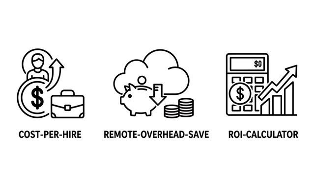 Human resources and business finance icons for cost per hire and remote overhead savings with business overhead calculator recruitment management resources staffing employment corporate