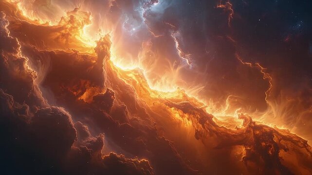 Shadowed nebula cluster with soft luminous haze and warm leak stripes drifting in atmospheric depth