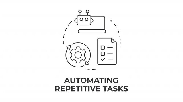 Automating repetitive tasks line concept icon animation. Workflow efficiency. Artificial intelligence processing technology. Animated outline round motion graphic. Minimal HD video with alpha channel