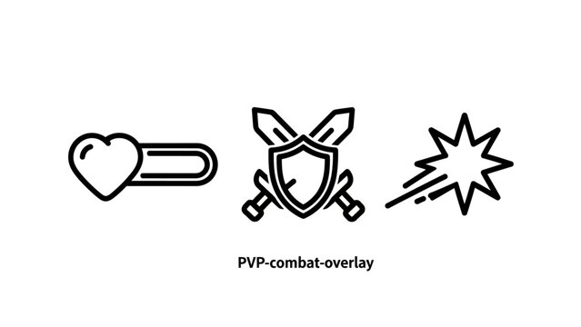 Pvp combat gaming icons set featuring health heart bar shield swords and battle burst explosion interface multiplayer equipment gameplay collection adventure