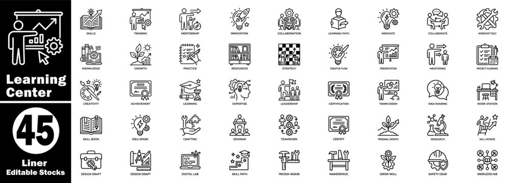 Learning center liner icons. Collection for educational programs, skill upgrades, professional training, and academic expertise.