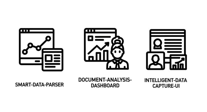 Data analytics and document processing icons including parser dashboard and capture UI with analytics dashboard document business information analysis reporting software technology interface