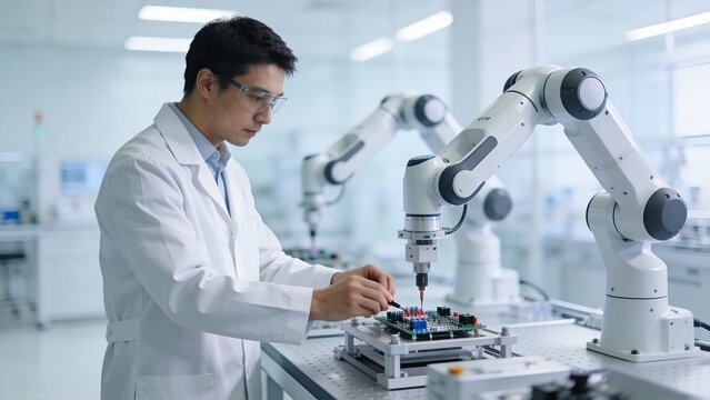 Engineer in Lab Coat Working with Robotic Arms on Circuit Board Assembly