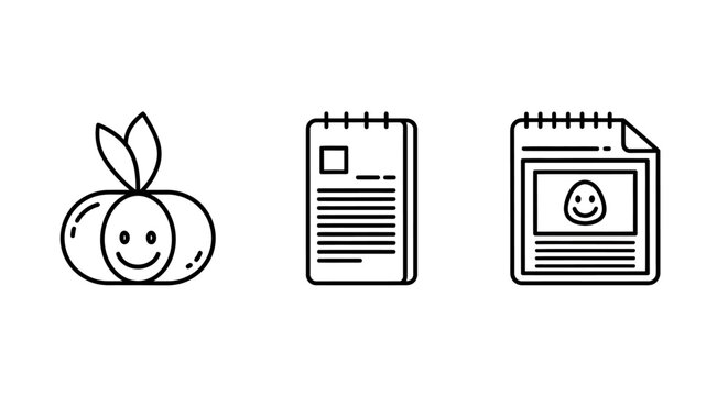 Notebook and stationery icons featuring a smiley face character notebook stationery character supplies sketches education document illustration creative communication friendly emoticon