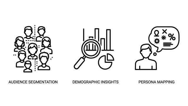 Audience segmentation demographic insights and persona mapping business research icons with audience segmentation demographic insights research analysis consumer business statistics strategy