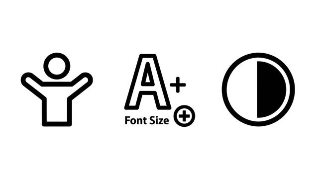 Set of three UI and accessibility icon symbols with accessibility interface contrast application settings adjustment navigation preferences readability minimalist collection graphical