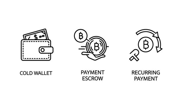 Financial cryptocurrency icons for cold wallet and payments with cryptocurrency financial recurring transaction blockchain investment currency business transfer technology automated