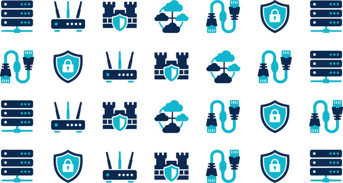 Mega bundle of minimalist network infrastructure and IT server solid icons, flat vector router, firewall, cloud connection and cybersecurity symbols for professional tech network topology UI design