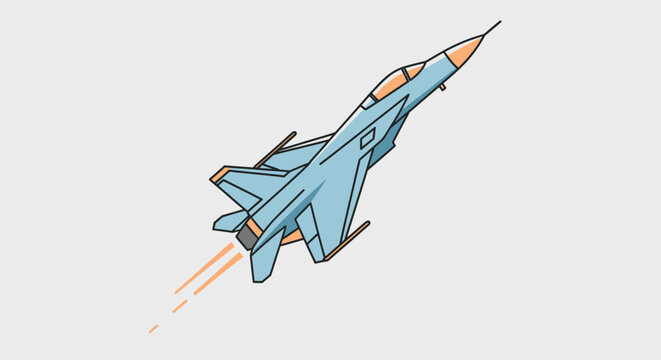 Illustration of a blue military fighter jet soaring upward with exhaust flames.
