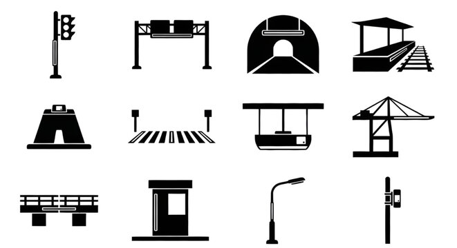 Traffic road infrastructure and transportation black silhouette vector icons, urban transportation elements and infrastructure, including a traffic light, highway gantry sign, tunnel, train platform, 