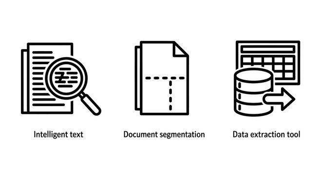 Document data processing icon set including intelligent text analysis document segmentation and automated data extraction tools with document processing extraction segmentation analysis business