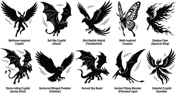 Mythical creature silhouettes cryptid icons fantasy vector set