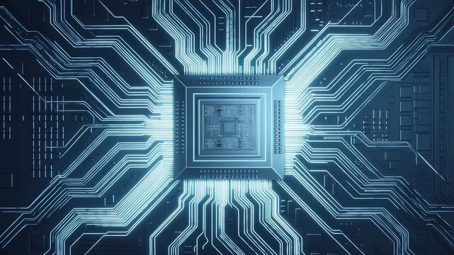 Futuristic microchip with glowing circuits on a dark background. Represents advanced technology and digital innovation in electronics