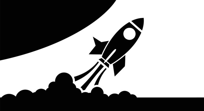 Minimalist silhouette icon of a rocket launching into space.