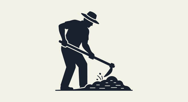 Minimalist silhouette illustration of a farmer working with a hoe.