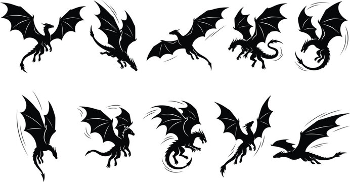 Black dragon silhouette set flying mythical creature illustrations