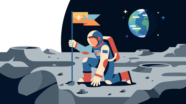 Astronaut On Moon Exploring Crater With Flag.