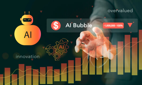 Businessman touching financial chart showing AI bubble market speculation and economic risk. Concept of overvalued artificial intelligence technology investment and potential crisis. (