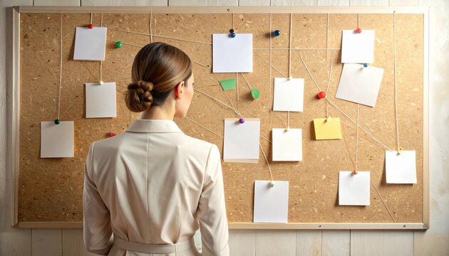 Anonymous Investigator Viewing Cork Board With Blank Notes and Strings