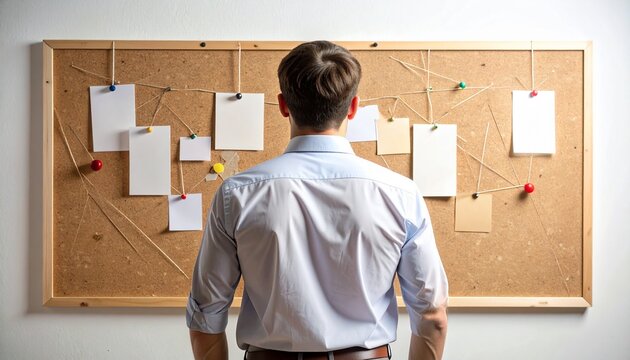 Anonymous Investigator Viewing Cork Board With Blank Notes and Strings
