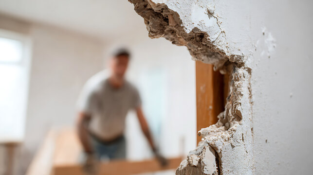 Renovation work in progress, focused on a broken wall with a blurred worker in the background, a close-up of structural damage