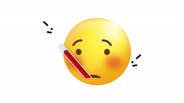 Yellow sick face emoji with red medical thermometer, flushed cheeks depicting a sad and tired expression. Suitable for healthcare and emotionrelated concepts.